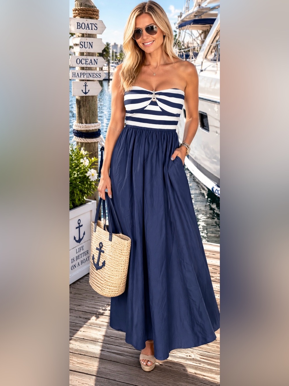 Sincerely Jules ~ Navy & White Strapless Midi Dress with Starfish Detail - NWT